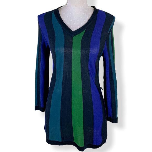 Philosophy Striped Knit Tunic Top Size S Blue Green Black V Neck Retro Y2K‎ - Picture 1 of 7